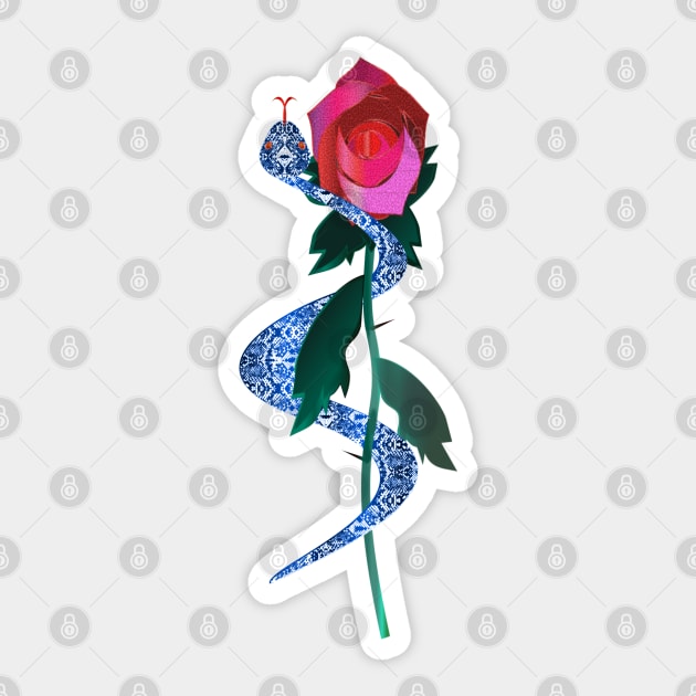 Blue Silver Serpent with Red Rose Sticker by geodesyn